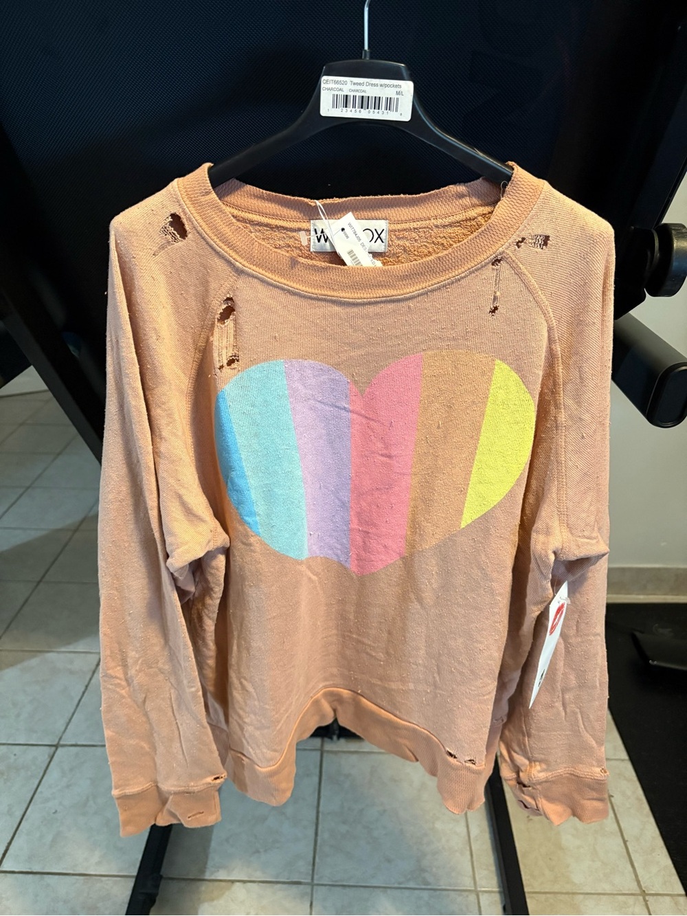 Wildfox Peach Distressed Crewneck Sweatshirt with Pastel Heart